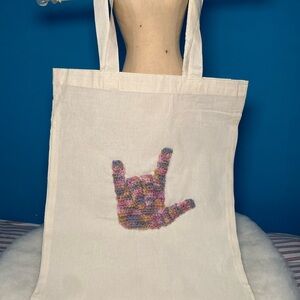 White Tote Bag with Colorful Hand crochet
